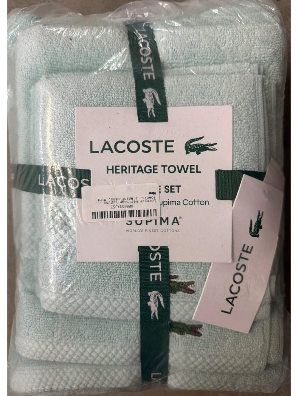 Lacoste Heritage Supima Cotton Towel Set Mint Green Crocodile Logo 6 Piece